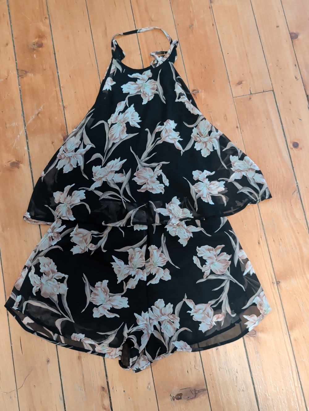 Black Floral Flowy Sheer Halter Romper, M